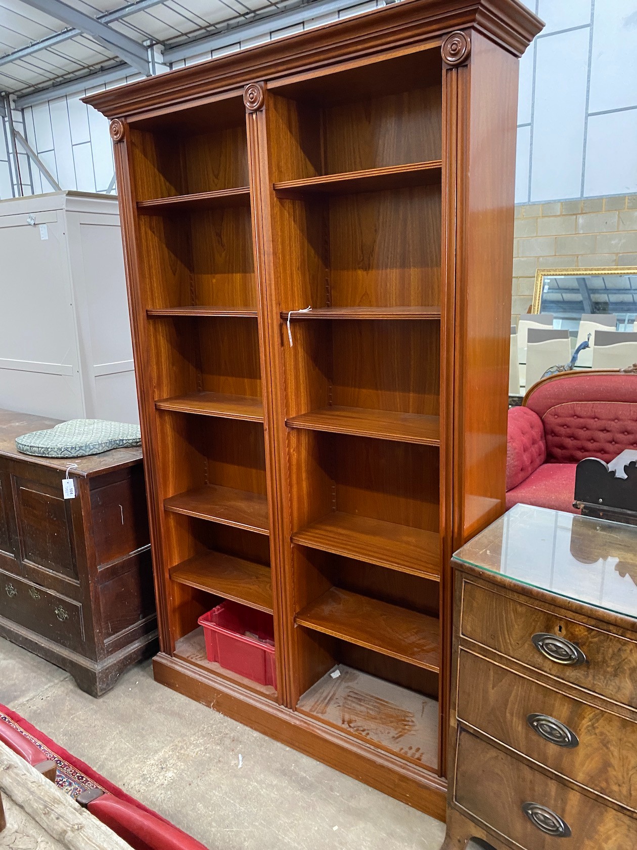A Victorian style mahogany open bookcase, width 138cm, depth 37cm, height 213cm